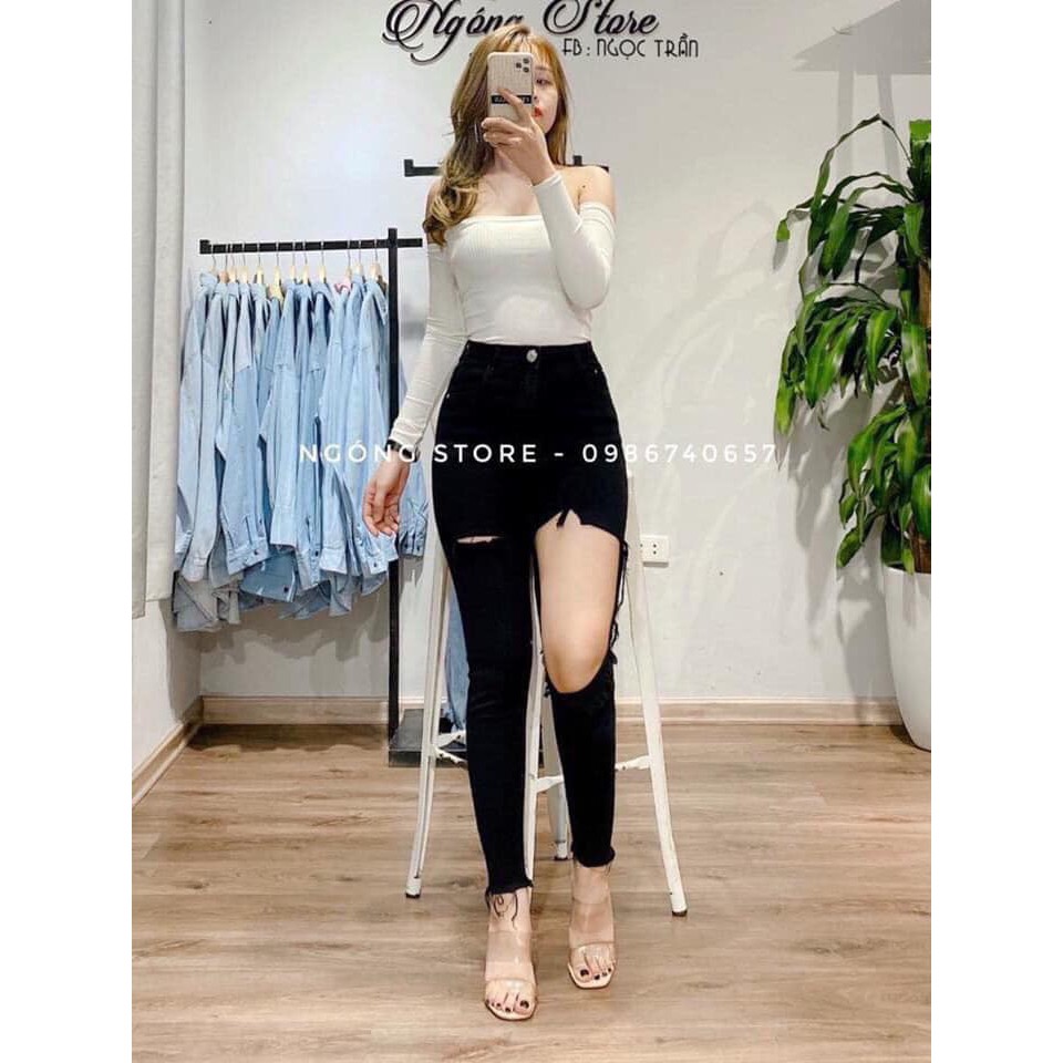 Quần jeans nữ ôm rách đùi 💖FREESHIP💖 Quần bò ôm co giãn rách to cá tính AD22