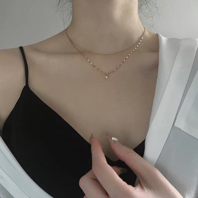 Dây chuyền hai lớp đính đá zircon đơn giản phong cách Nhật Bản nhẹ nhàng sang trọng