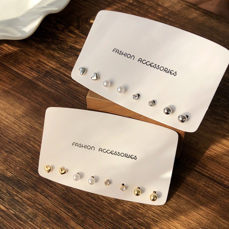 Set 8 Khuyên Tai Mini Hình Trái Tim Đính Ngọc Trai Xinh Xắn