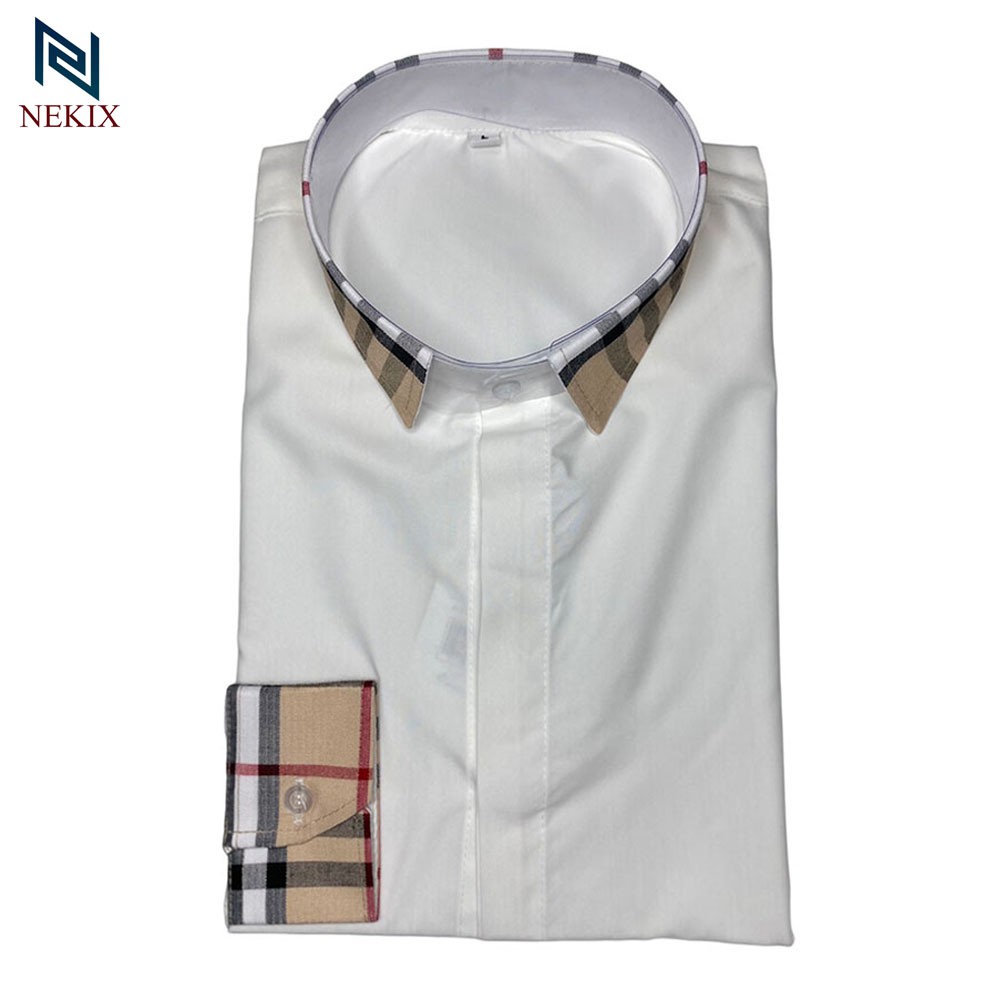 Áo Sơ Mi Nam Dài Tay Trắng Phối Kẻ Cổ Kẻ Tay Vải Lụa Trơn Form Body 1