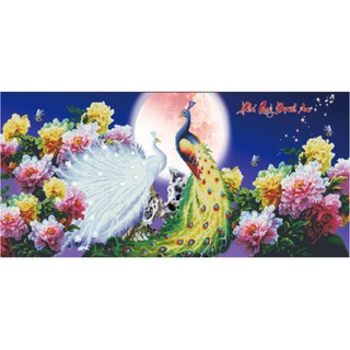 tranh đính đá toàn bộ bức chim công và hoa mẫu đơn kt 65*130.đá tròn
