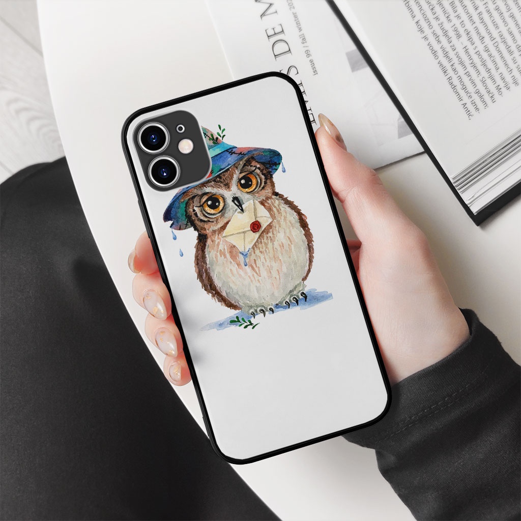 Ốp Điện Thoại iPhone SAMSUNG Con cú mèo đội mũ mỏ kẹp thư chống sốc đen DREAME AWAY cho các dòng OWL20210003