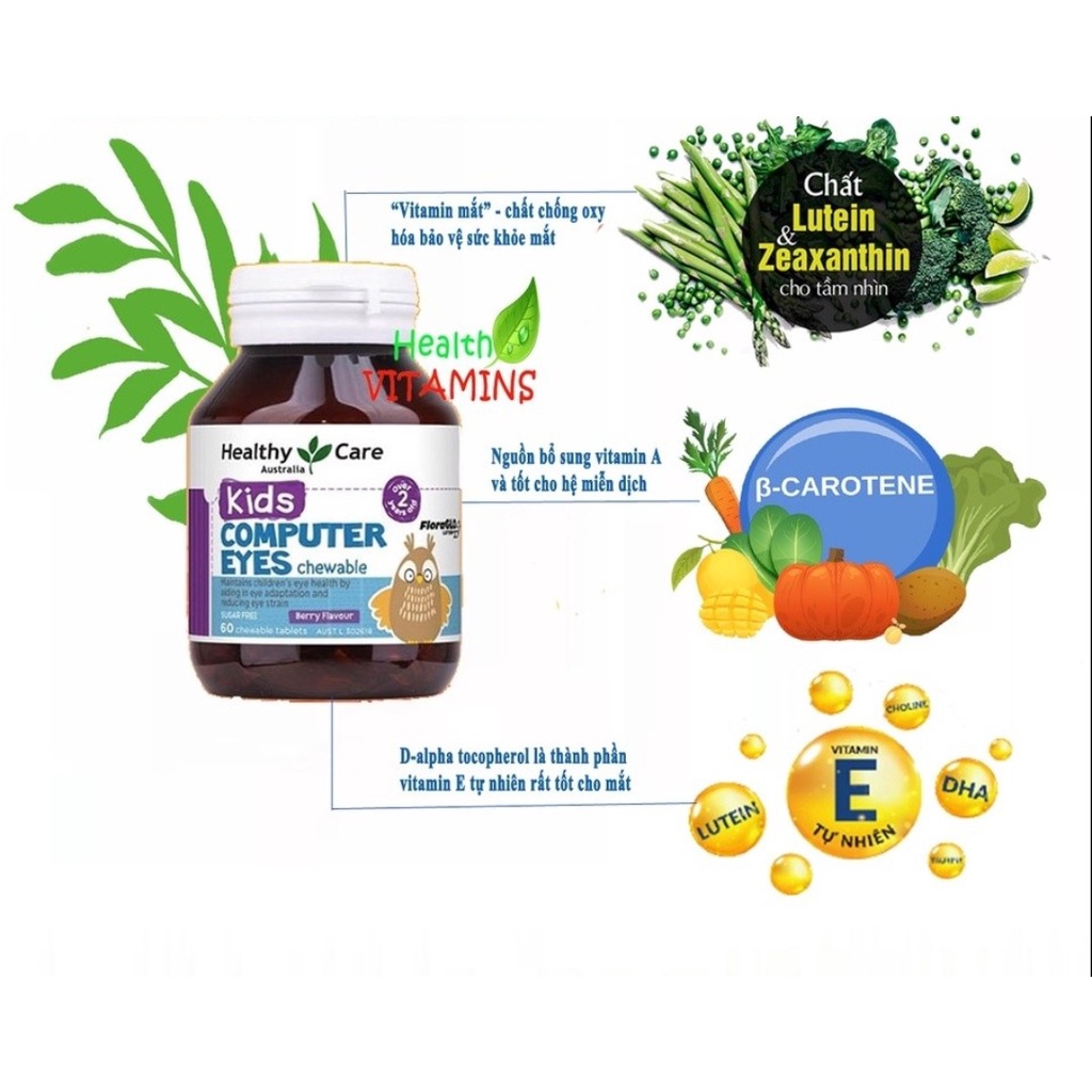 Viên Bổ Mắt Healthy Care Kids Computer Eyes Úc Bổ sung dưỡng chất bảo vệ, nuôi dưỡng mắt cho bé (60 viên) quatangme