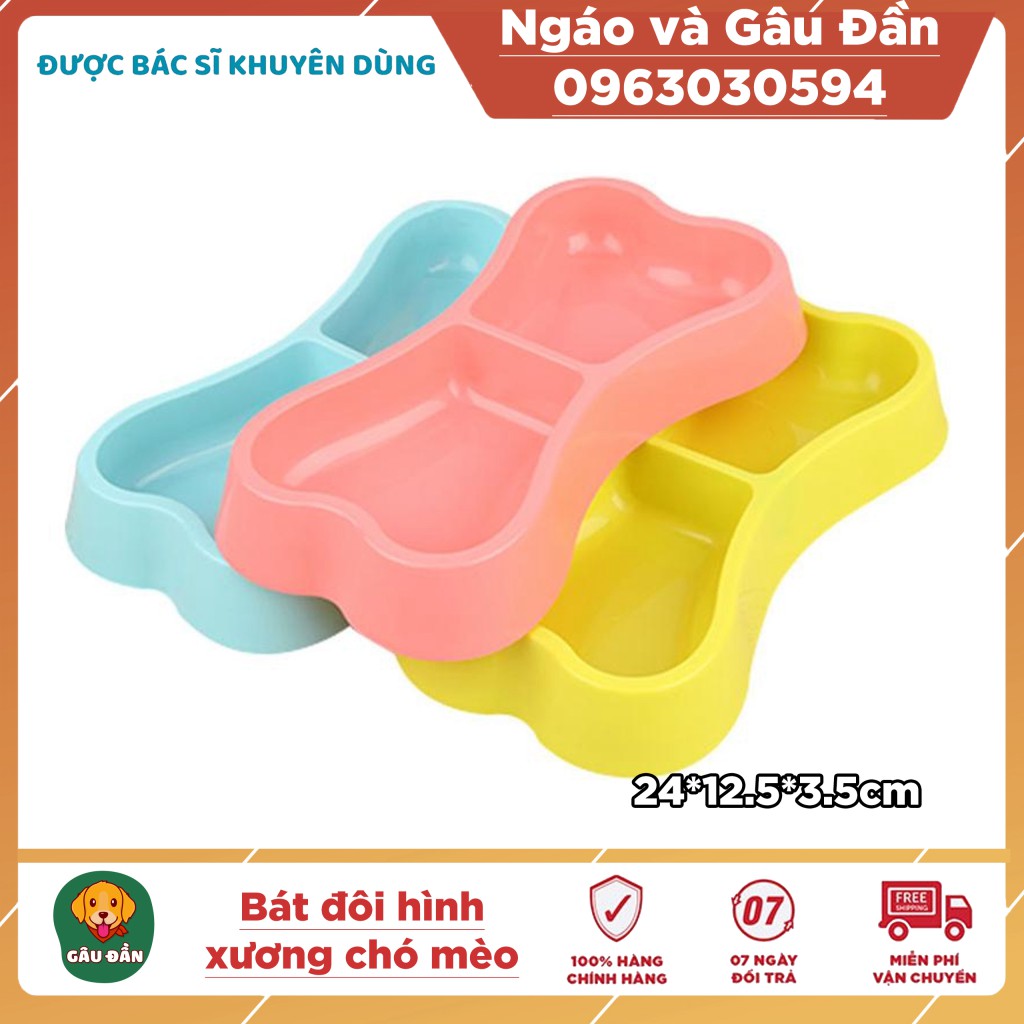Bát ăn đôi hình khúc xương cho chó mèo con Ngáo Và Gâu Đần chất liệu nhựa PP an toàn nhiều màu sắc