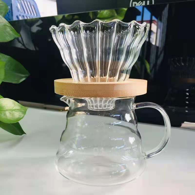Bộ Bình và Phễu Thủy Tinh Pha Cà Phê Bằng Giấy Lọc, Giá Đỡ Phễu Bằng Gỗ Tròn, Dung Tích 300ML-600ML