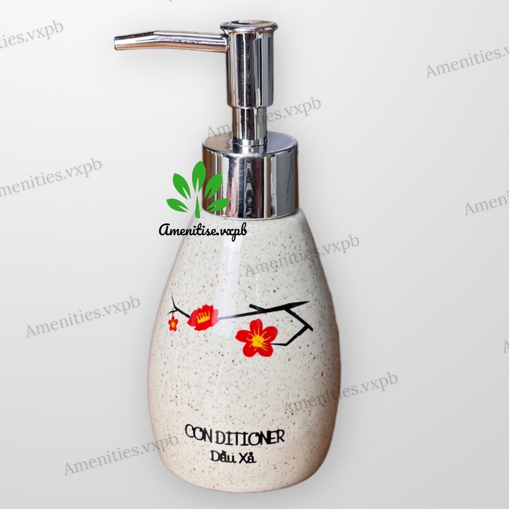 HỎA TỐC - Bình gốm dáng xoài hoa đào đưng sữa tắm, dầu gội, dầu xả, nước rửa tay, cốc đánh răng cho phòng tắm