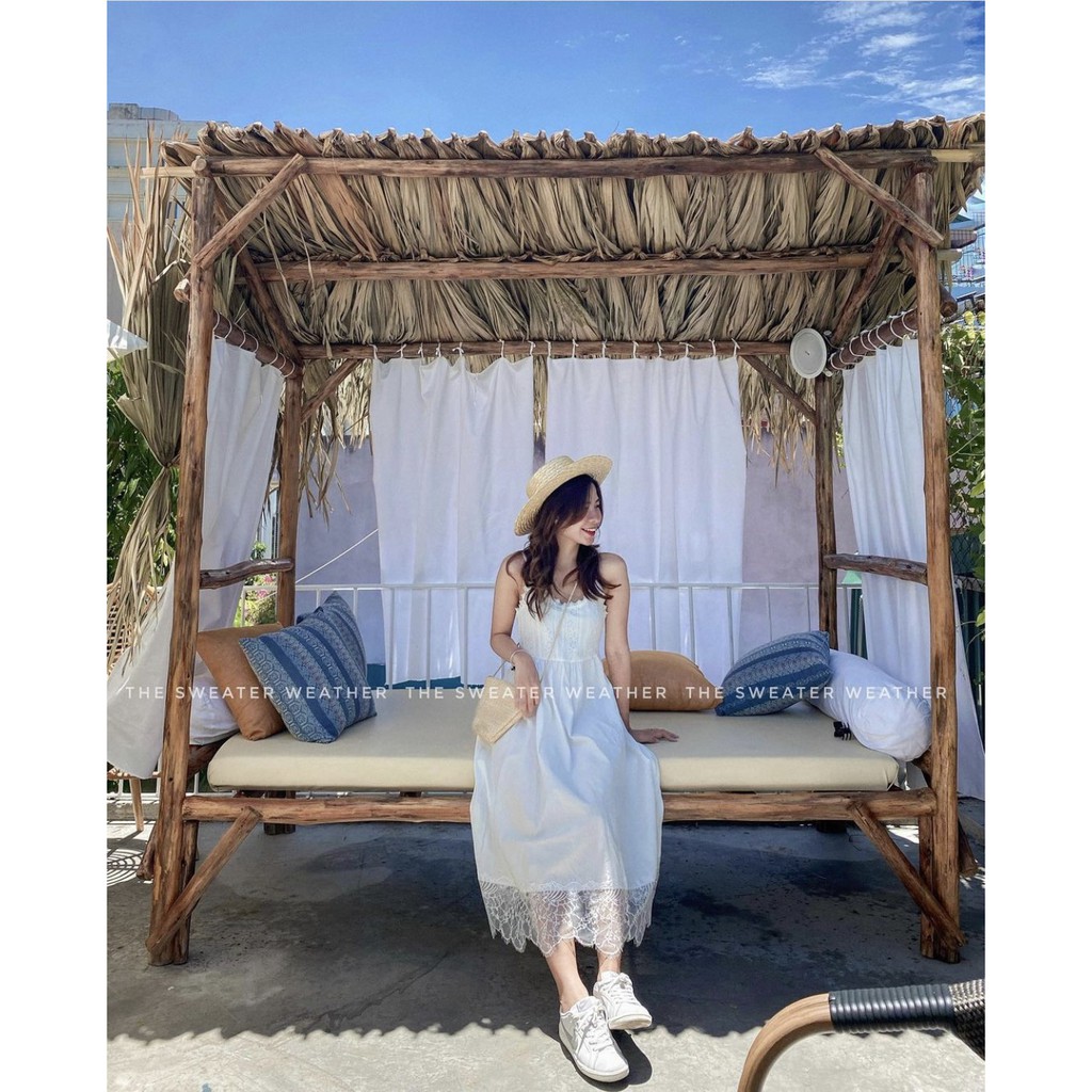 Váy đầm maxi hai dây thô trắng gấu pha ren | BigBuy360 - bigbuy360.vn