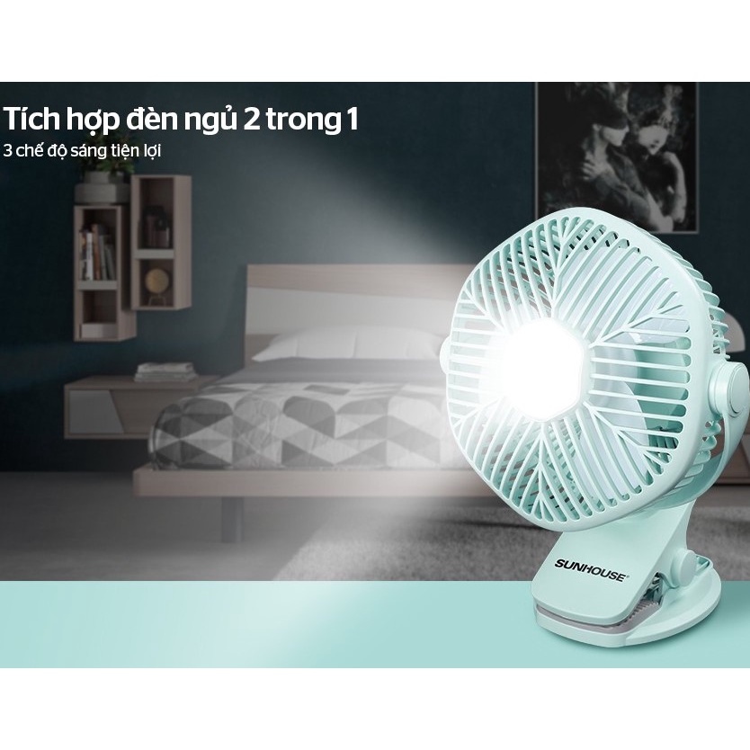 Quạt mini tích điện Sunhouse SHD7111 siêu mát, pin dùng 4h, kẹp bàn, bảo hành 1 năm