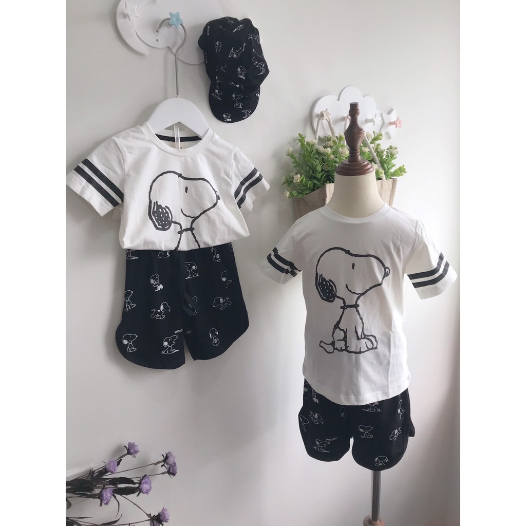 Set Bộ Quần Áo Cộc Tay Kèm Mũ In Hình Snoopy Cho Bé Trai 1 - 6 Tuổi Chất Cotton Siêu Mát Hàng Xuất Mẹ Tều Size 9 - 22 kg