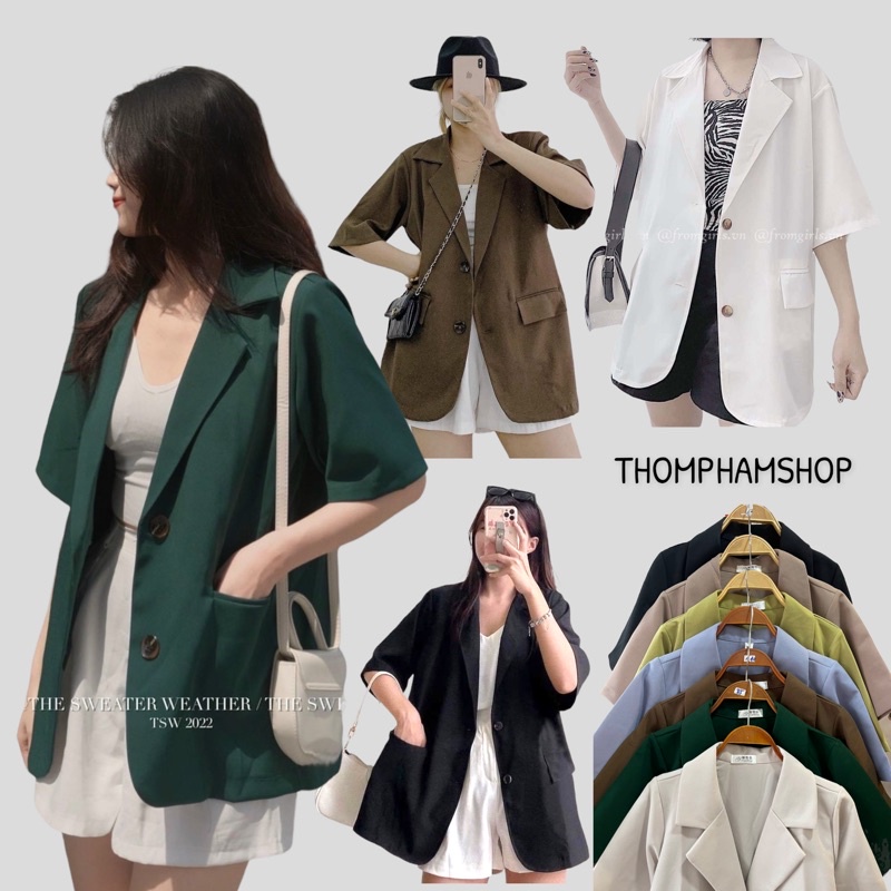 Áo Blazer - Vest cộc tay dáng thụng Hàn Quốc Vintage 2 cúc - SHOP THƠM PHẠM