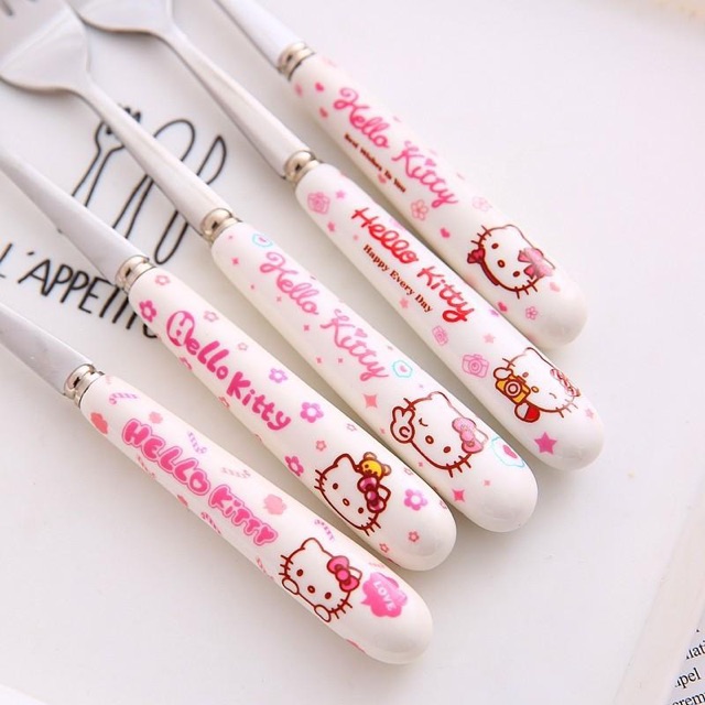 Muỗng nĩa inox cán sứ Hello Kitty