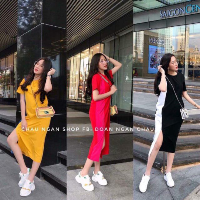 Đầm suông phối 2 màu