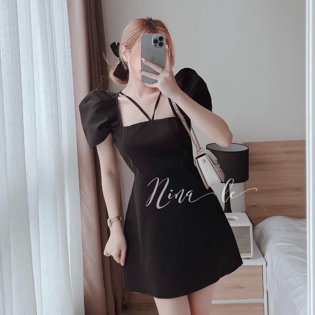 Đầm váy xòe gợi cảm cổ vuông tay ngắn cổ kiểu yếm có mút ngực 2 màu như hình  chất liệu umi