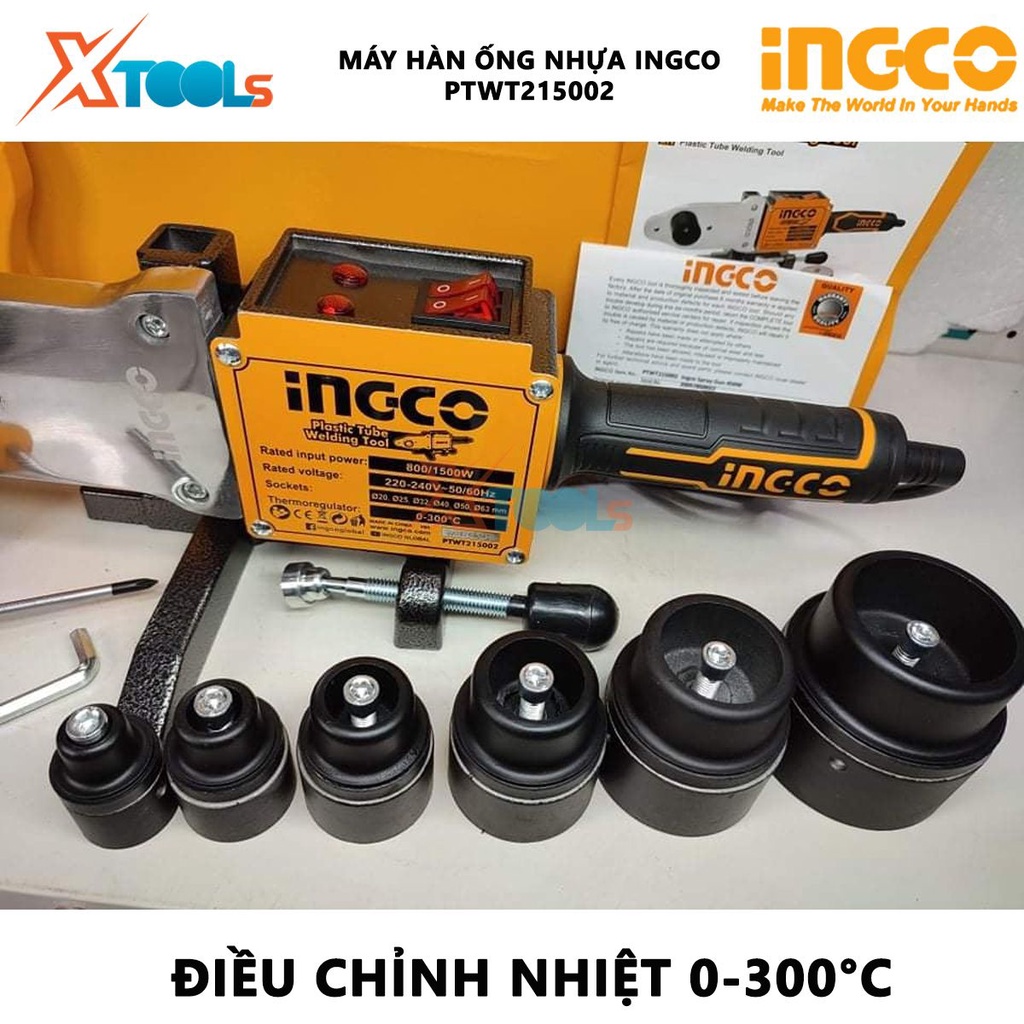 Máy hàn ống nhựa INGCO PTWT215002 | Máy hàn nhiệt 1500W, bộ ổ cắm nhiệt: 20, 25, 32, 40, 50, 63mm, Điều chỉnh nhiệt 0-30