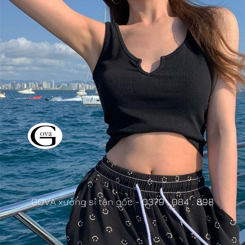 Áo Croptop Ba Lỗ XẺ CỔ CHỮ V Thun Gân Kiểu Sexy Nữ, Áo Thun Ôm Body Đẹp GOVA