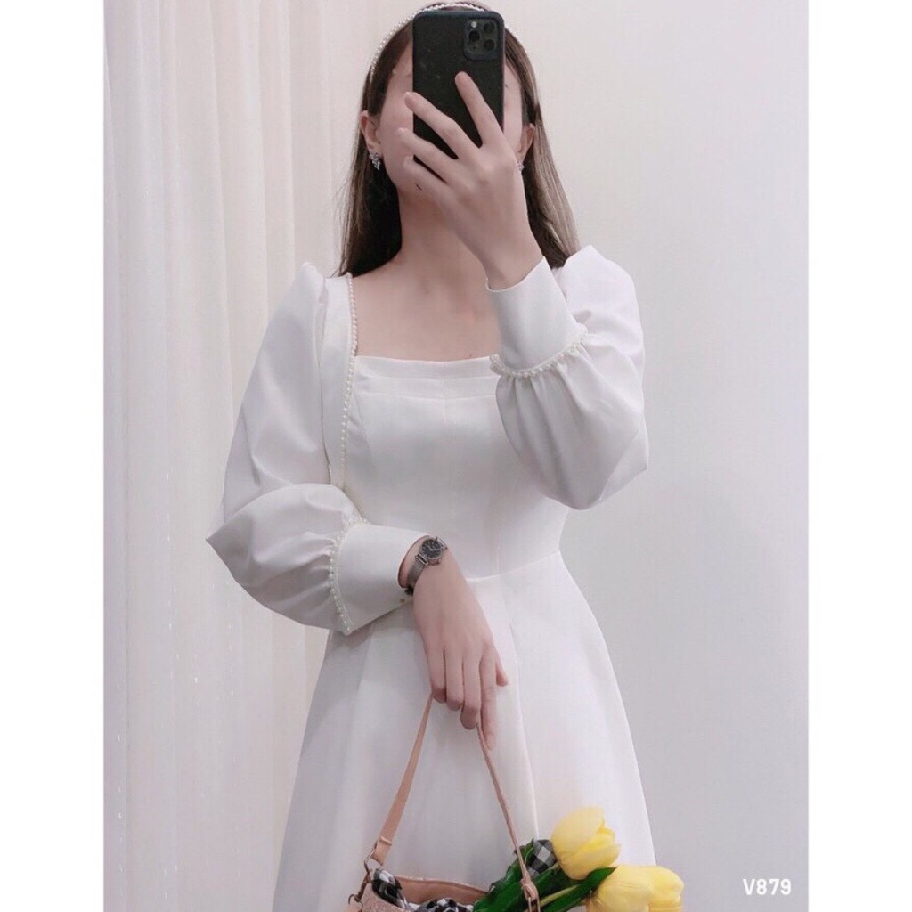 Đầm trắng dài tay cổ vuông ren hạt gạo / Đầm xòe dáng dài cho nữ