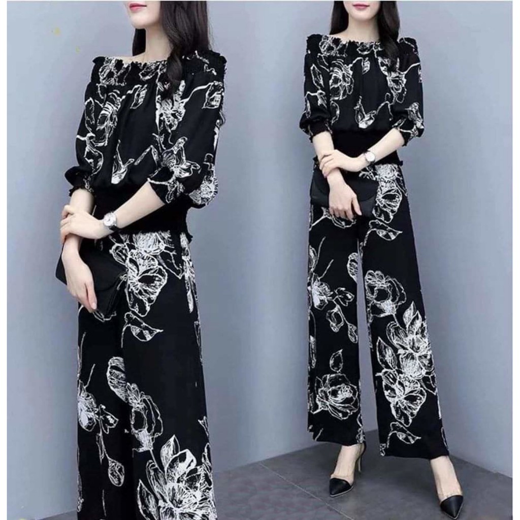 SET BỘ ÁO TRỄ VAI HỌA TIẾT QUẦN ỐNG RỘNG CÁCH ĐIỆU SANG TRỌNG CÓ SIZE LỚN XXXL - HÀNG NHẬP KHẨU