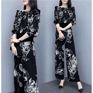 SET BỘ ÁO TRỄ VAI HỌA TIẾT QUẦN ỐNG RỘNG CÁCH ĐIỆU SANG TRỌNG CÓ SIZE LỚN XXXL - HÀNG NHẬP KHẨU