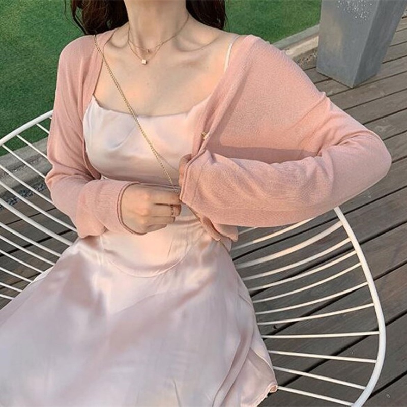 Áo Khoác Cardigan Dệt Kim Tay Dài Cổ Chữ V Cài Nút Màu Trơn Nhẹ Nhàng Thời Trang Mùa Hè Cho Nữ