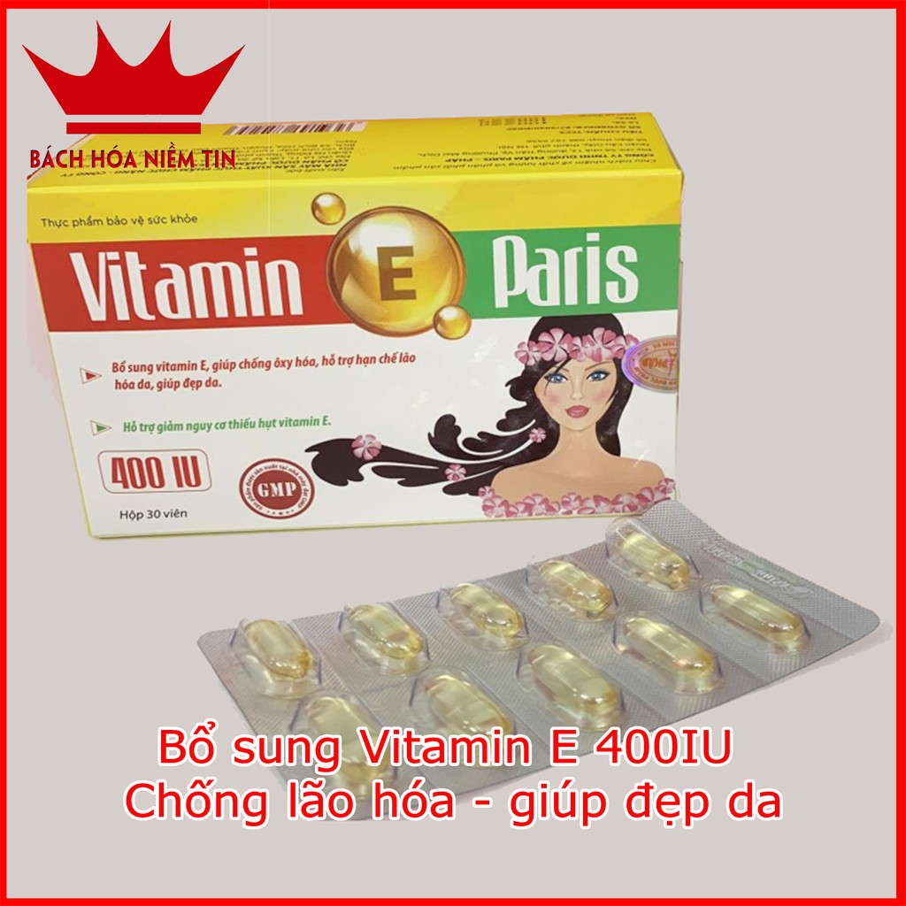 Viên uống Vitamin E 400IU Paris - Bổ sung Vitamin E chống lão hóa- giúp làm đẹp da - Hộp 30 viên Chuẩn GMP