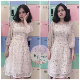 [Ảnh thật] Đầm voan trắng hoa nhí cổ u tay phồng vintage