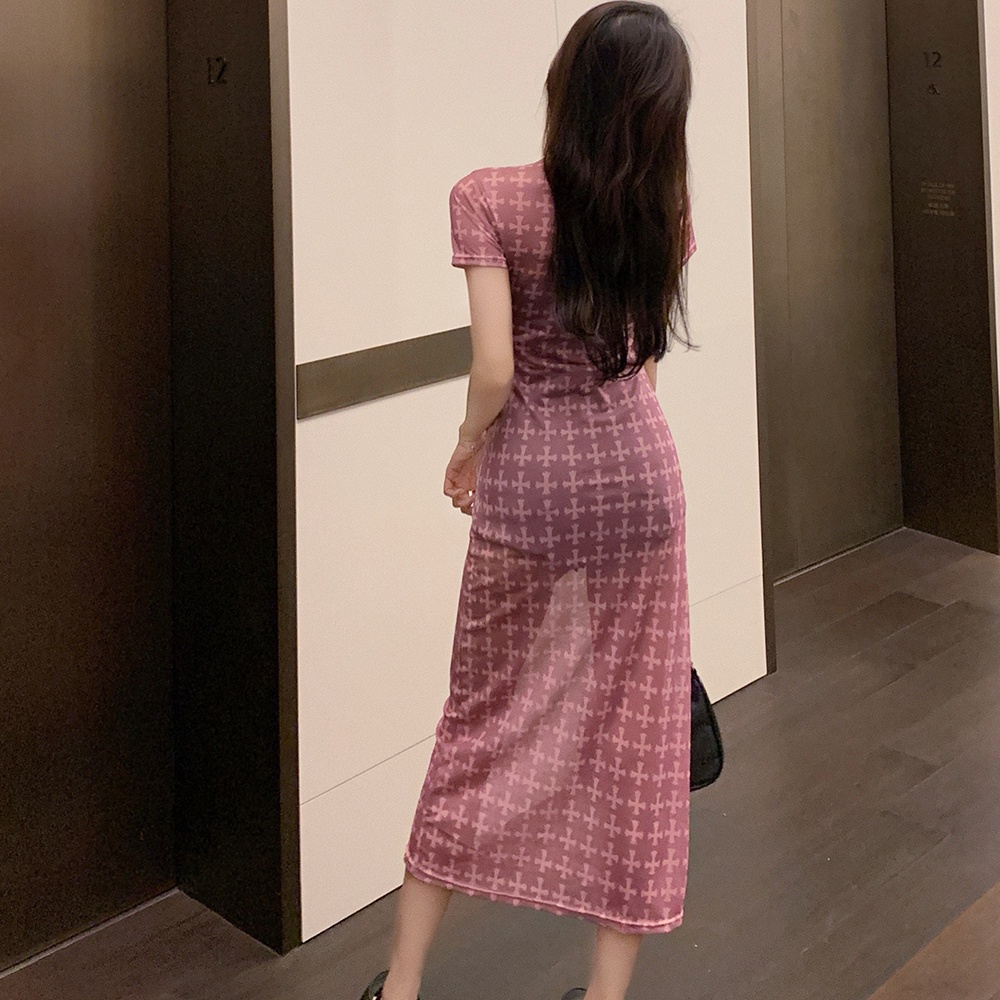 Đầm WEANIA tay ngắn phối lưới hoạ tiết in thiết kế gợi cảm cho nữ