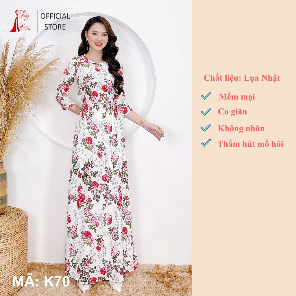 Áo dài trắng hoa hồng cách tân may sẵn thiết kế truyền thống tết K70 mềm mại, co giãn, áo dài giá rẻ