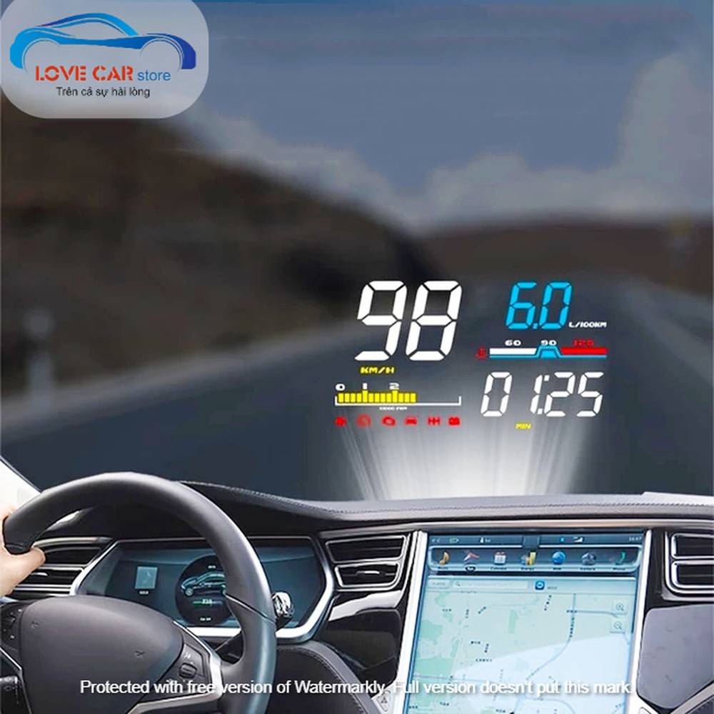 HUD D5000 hiển thị tốc độ và cảnh báo tốc độ ô tô xe hơi, mức tiêu thụ nhiên liệu, đo quãng đường, ắc quy, nước làm mát