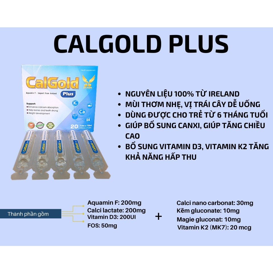 [NL NHẬP IRELAND]  Siro Canxi Nano giúp bé Cao lớn, Chắc khỏe xương CALGOLD (Hộp 20 Ống)