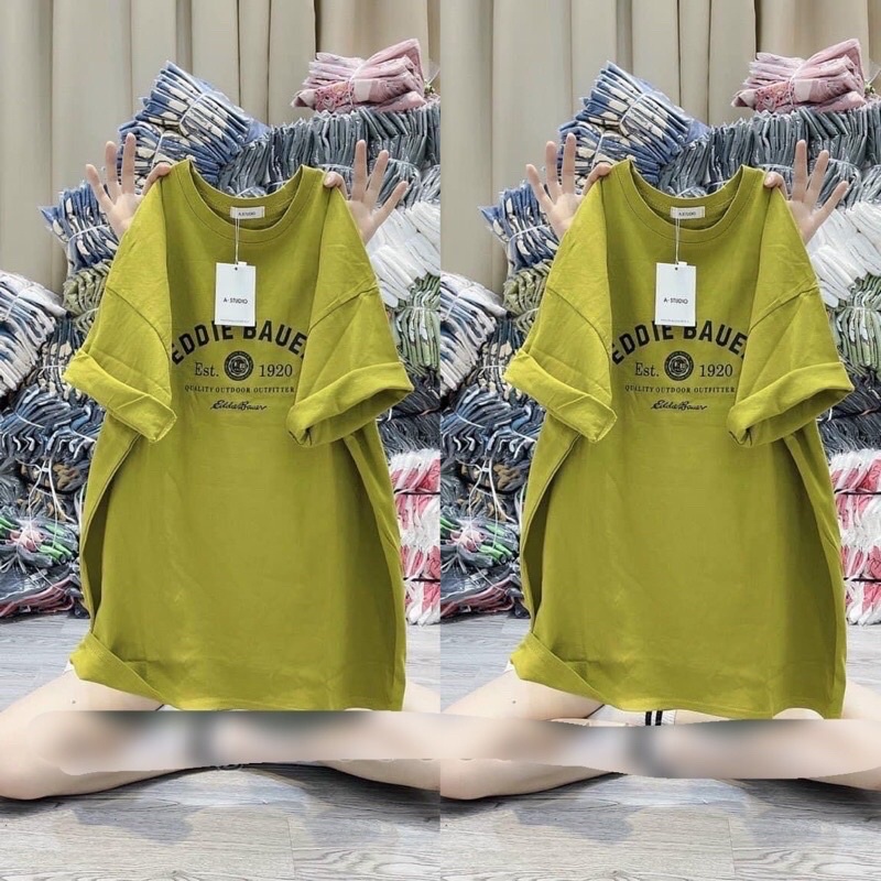 Áo phông 3158 Nam Nữ chữ EDDIE BAUER tay lỡ form to rộng Basic chất Cotton Khô Quảng Châu
