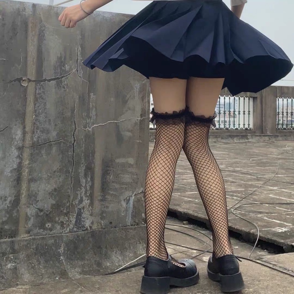 Tất lưới gối nữ co giãn Vớ nữ đen trắng phong cách LOLITA