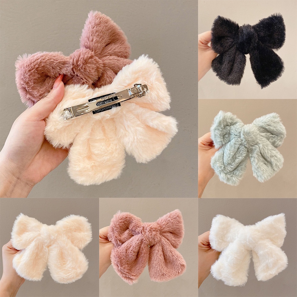 Kẹp Tóc Hình Nơ Lưng Cỡ Lớn Phối Lông Thời Trang Xinh Xắn Cho Nữ