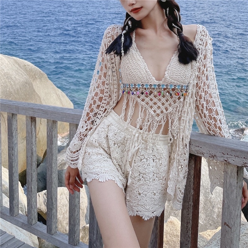 49-Set ren đi biển -bikini len móc 3 món sang chảnh cho nữ 2022
