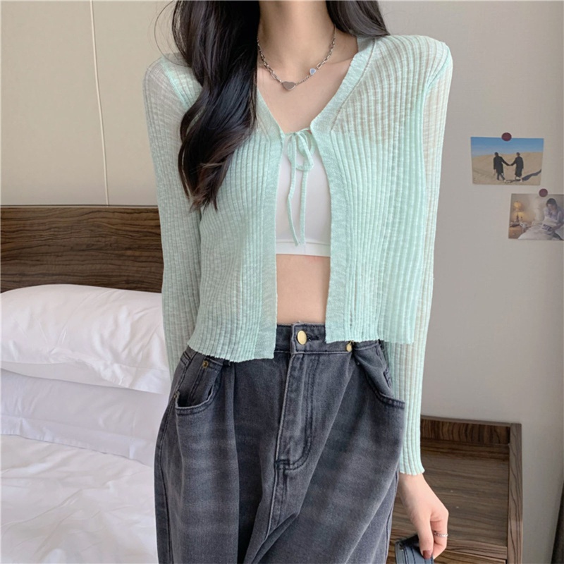 Áo Khoác Cardigan Dệt Kim Mỏng Nhẹ Cổ Chữ V Tay Dài Hở Phía Trước Thời Trang Mùa Hè Cho Nữ
