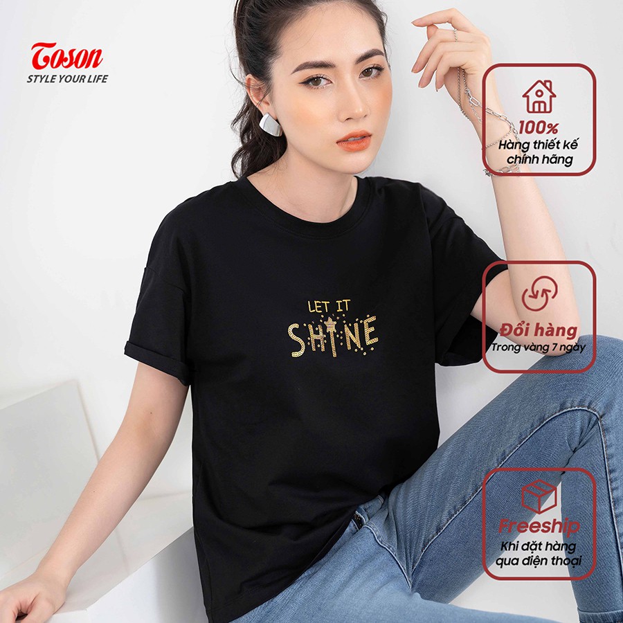 Áo T-shirt cotton from rộng tay nơ vê, ngực thêu kim sa