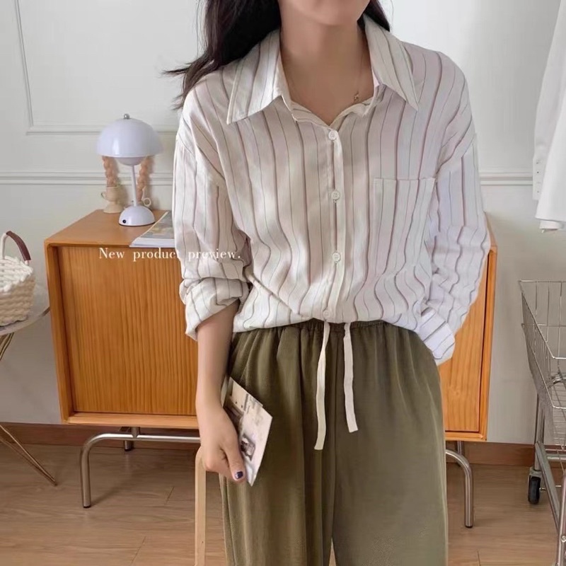 Áo Sơmi Kẻ Sọc Nâu Có Túi Theday