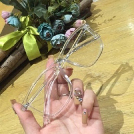 Mắt kính gọng nhựa trong form chữ nhật siêu xinh( kính+khăn+bao da)