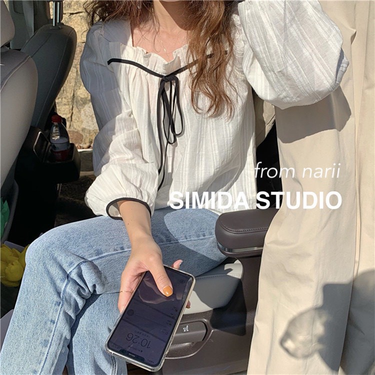 Áo sơ mi nữ tay dài NARII áo babydoll trắng Ulzzang Hàn nơ bèo viền | BigBuy360 - bigbuy360.vn