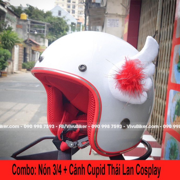 Combo Nón mũ bảo hiểm 3/4 trắng lót đỏ kèm Cánh thiên thần Cupid Fung Fing Thái Lan Cosplay - Có bán rờ