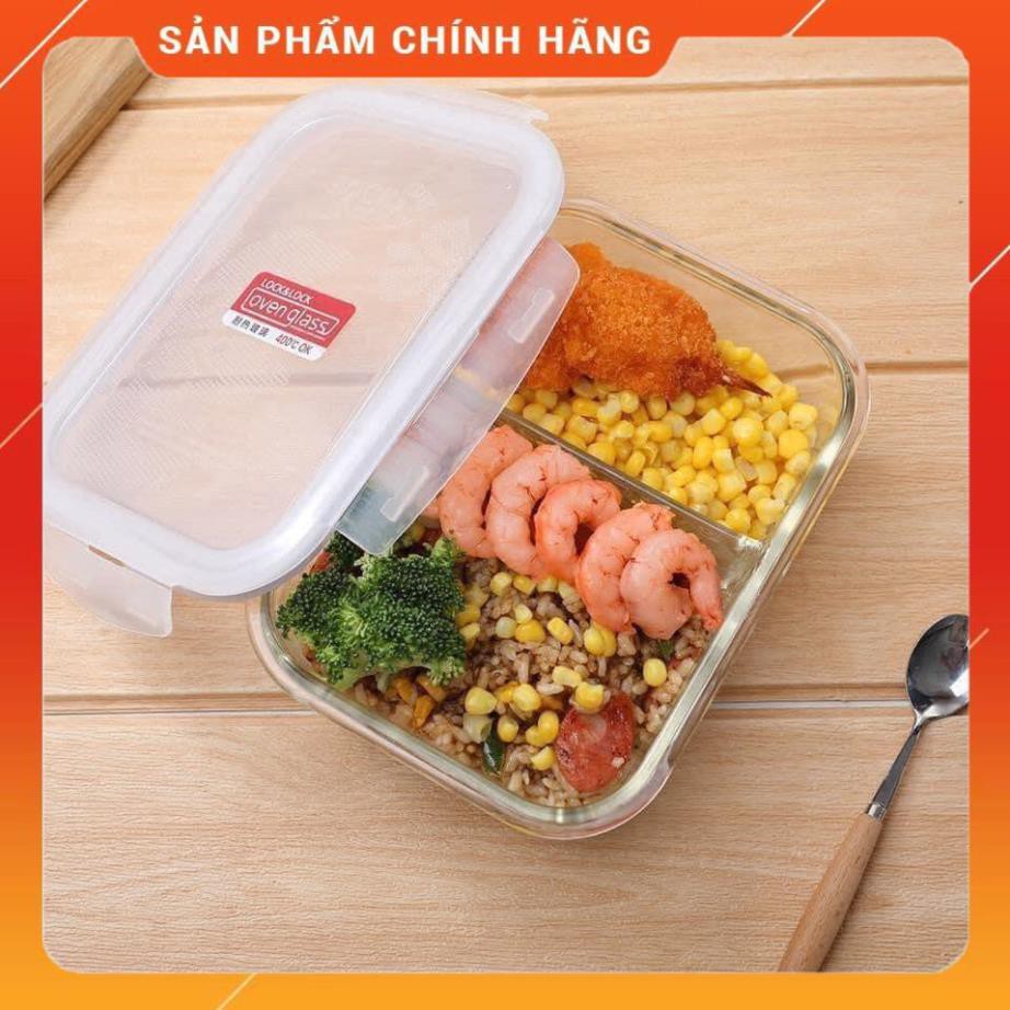 Hộp Thuỷ Tinh LOCK &amp; LOCK chia 2 ngăn 1L, Hộp đựng thực phẩm Tủ lạnh, chịu nhiệt dùng cho Lò vi sóng