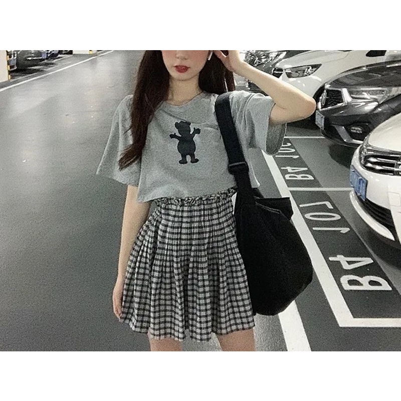 Set Áo Thun Ngắn Tay + Chân Váy Lưng Cao Họa Tiết Sọc Caro Thời Trang Mùa Hè