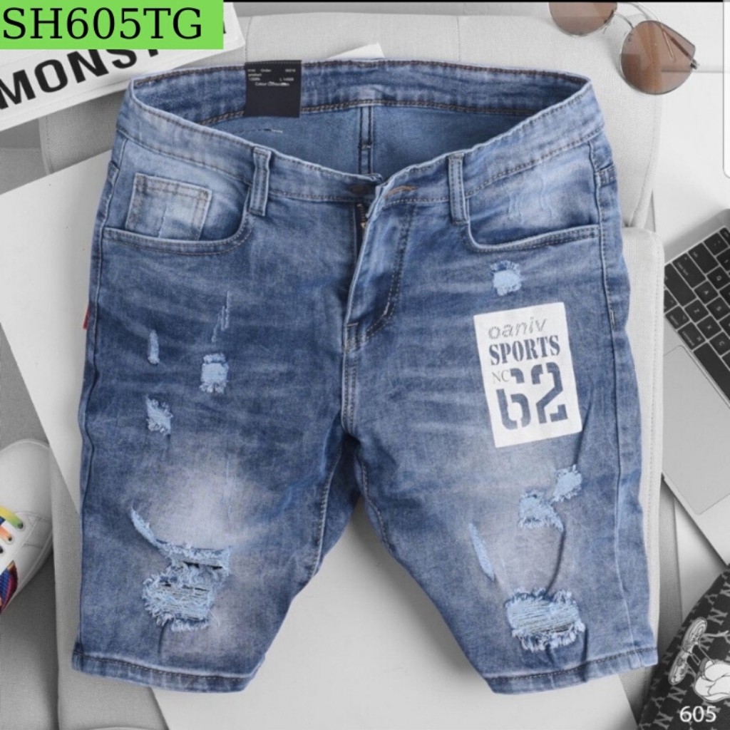 Quần Short Nam VNXK SH605TG Short Jean Nam Xanh rách họa tiết đùi phong cách (44-70KG)