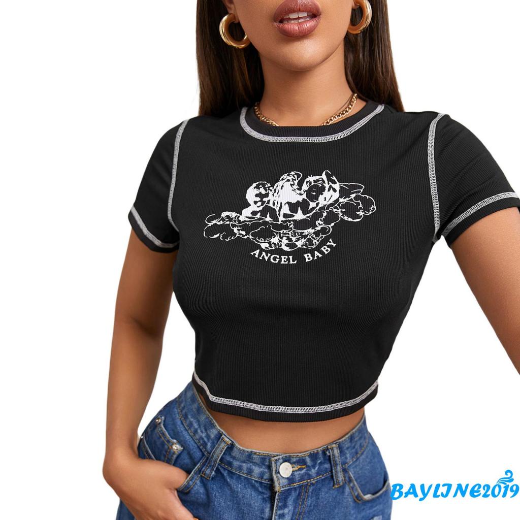 Áo Thun Croptop Cổ Tròn Tay Ngắn In Hình Thiên Thần Nhỏ Dành Cho Nữ