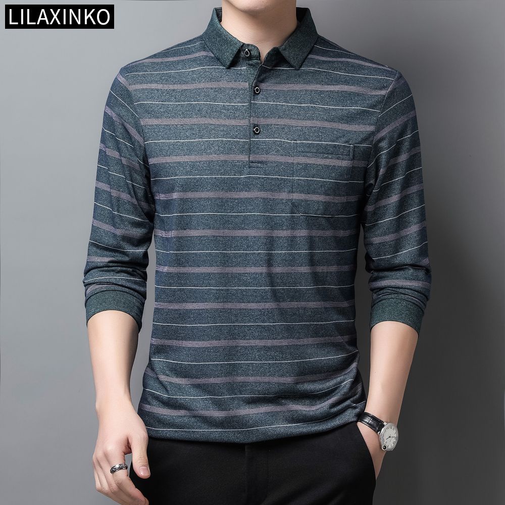 Áo Thun Polo Kẻ Sọc Tay Dài Có Túi 4 Màu Thời Trang Thu Đông Cho Nam