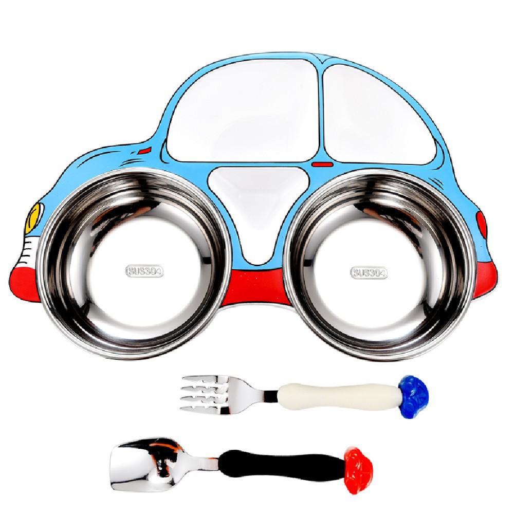 Khay ăn dặm chia ngăn cho bé Inox  hình ô tô Royalcare 0805 - Set 3 món: khay ăn chia ngăng - Thìa tập xúc - Dĩa tập ăn