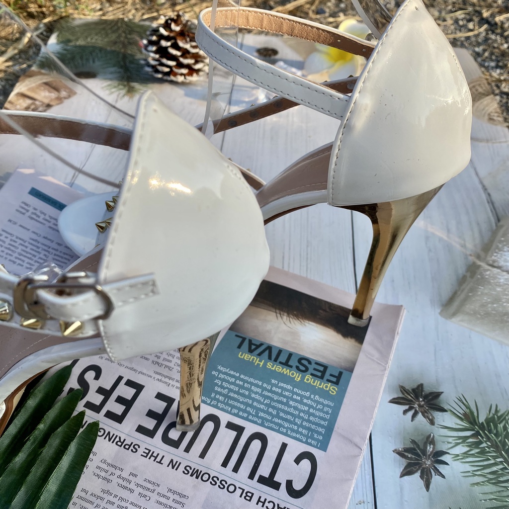 Giày cao gót đế nhọn 12 phân Womenstyle đính đá nhọn sang chảnh, sandal đính đồng 2 màu trắng, đen chuẩn size 35-39 TD24