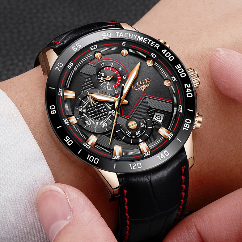 Men's Watches LIGE Fashion Waterproof Sports Leather Analogue Quartz Watch