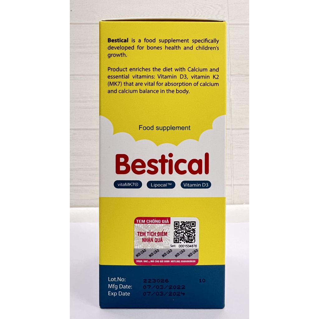 Siro Bestical bổ sung calci vitamin d3.vitamin k2 giúp bé phát triển chiều cao,xương răng chắc khỏe.chai 120ml