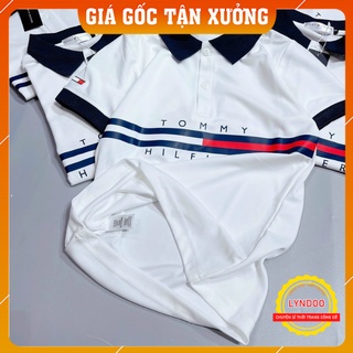 Áo polo nữ kẻ sọc ngang cổ xanh than, áo phông nữ cộc tay trắng co dãn 4 chiều thoáng mát - Lyndoo