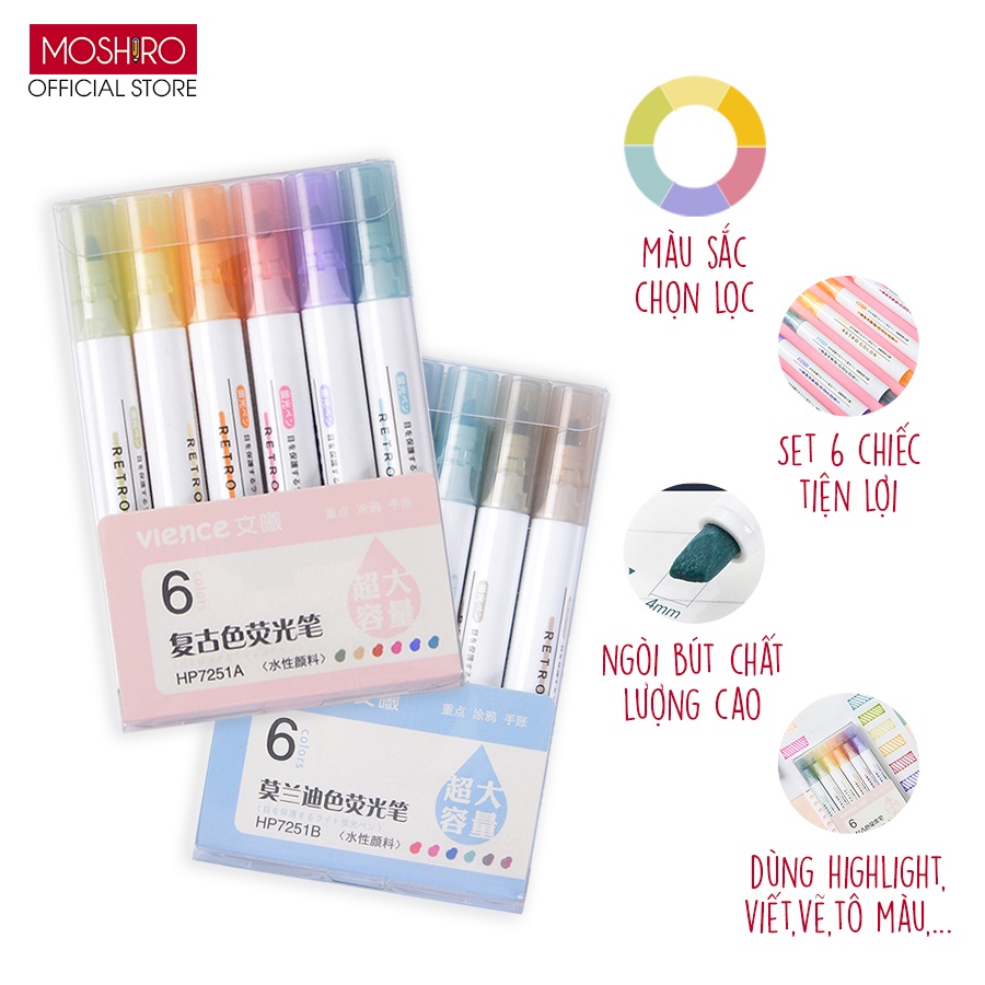 Set 6 Bút Highlight dạ quang Moshiro nhớ dòng hỗ trợ ghi chú, đánh dấu tiện dụng nhiều màu